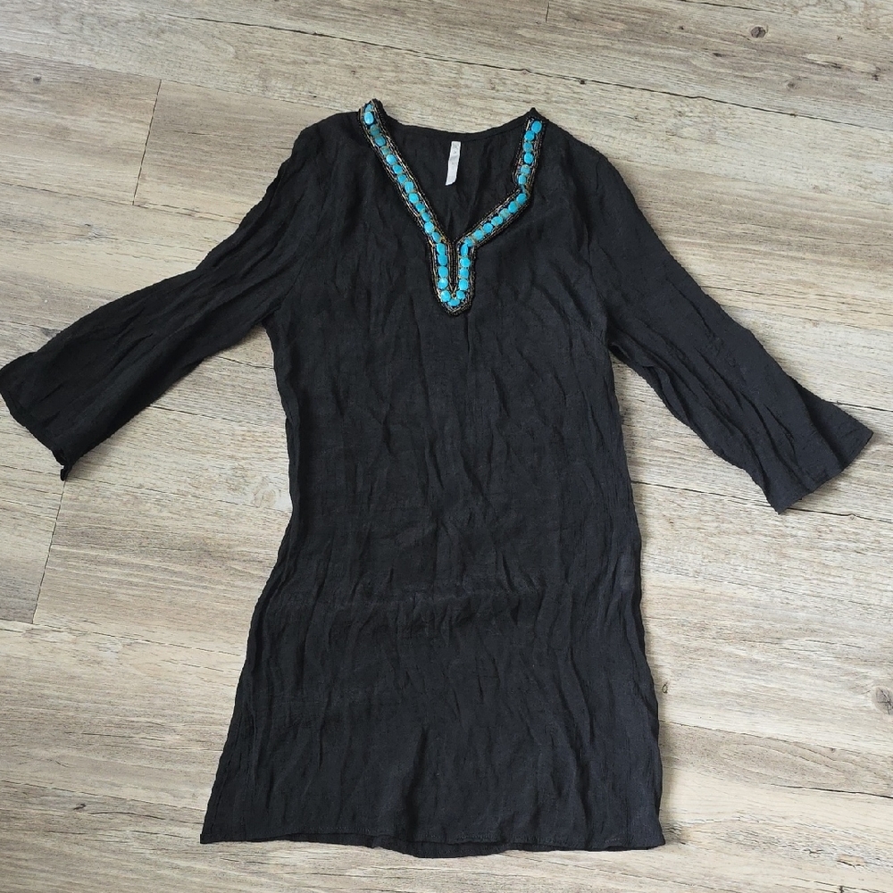 Black Tunic Bwaded Cover Up with Blue Embellishments